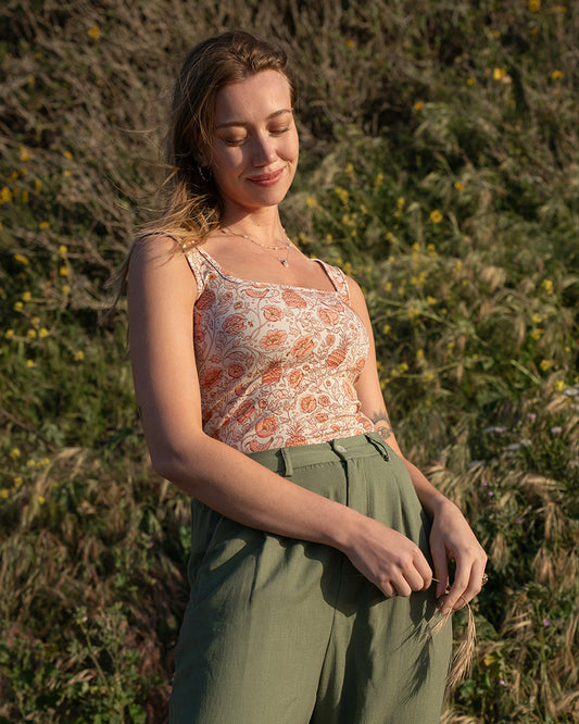 A cute women's tank top with a boho floral print for spring and summer style. 