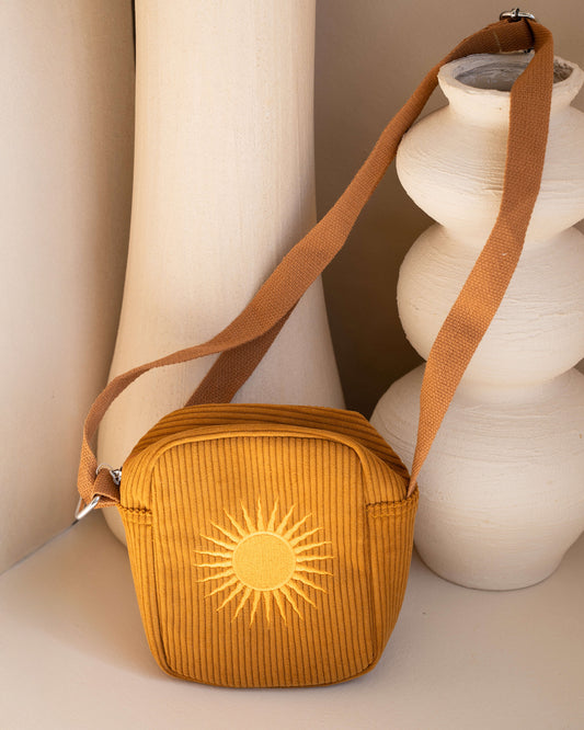 Corduroy Embroidered Sun Mini Crossbody Bag